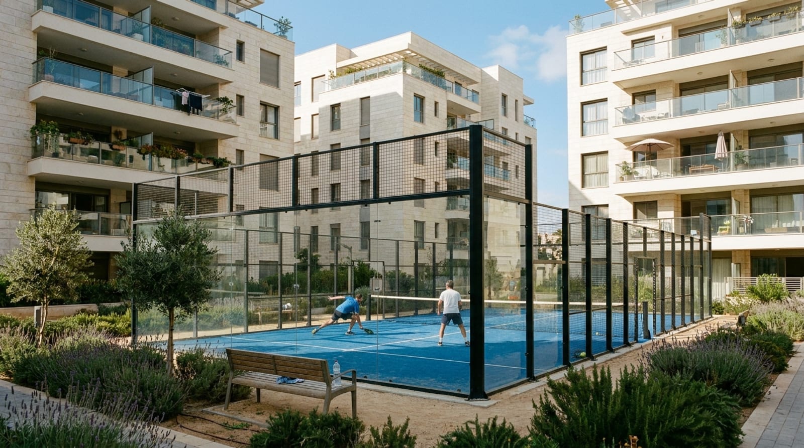 שני שכנים משחקים פאדל במגרש כחול מגודר בין בנייני מגורים חדשים מחופי אבן, עם ספסל ושיחי לבנדר