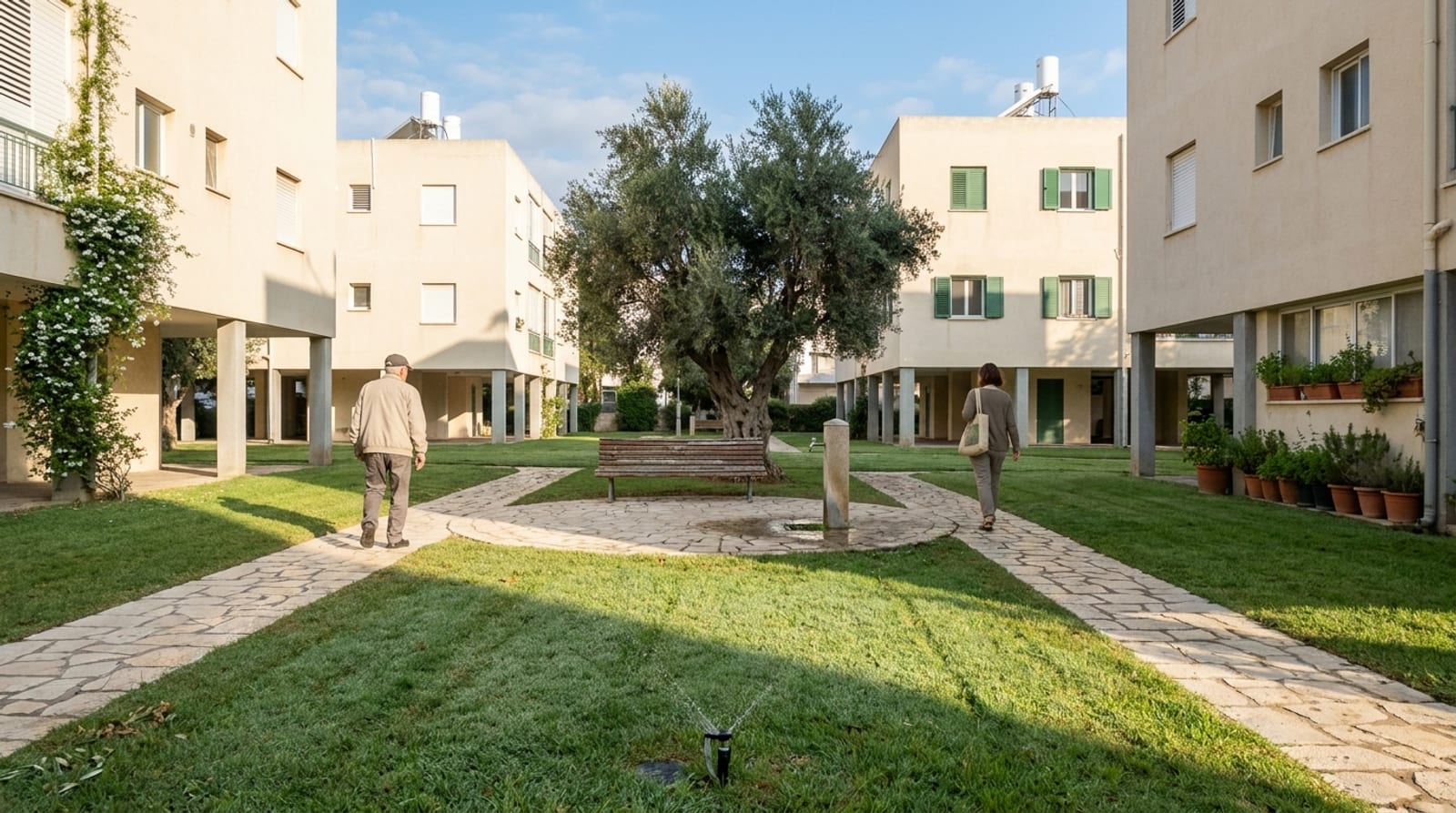 שני דיירים הולכים בשבילי אבן אל ספסל מתחת לעץ זית במרכז חצר משותפת, בין שלושה בניינים ותיקים על עמודים