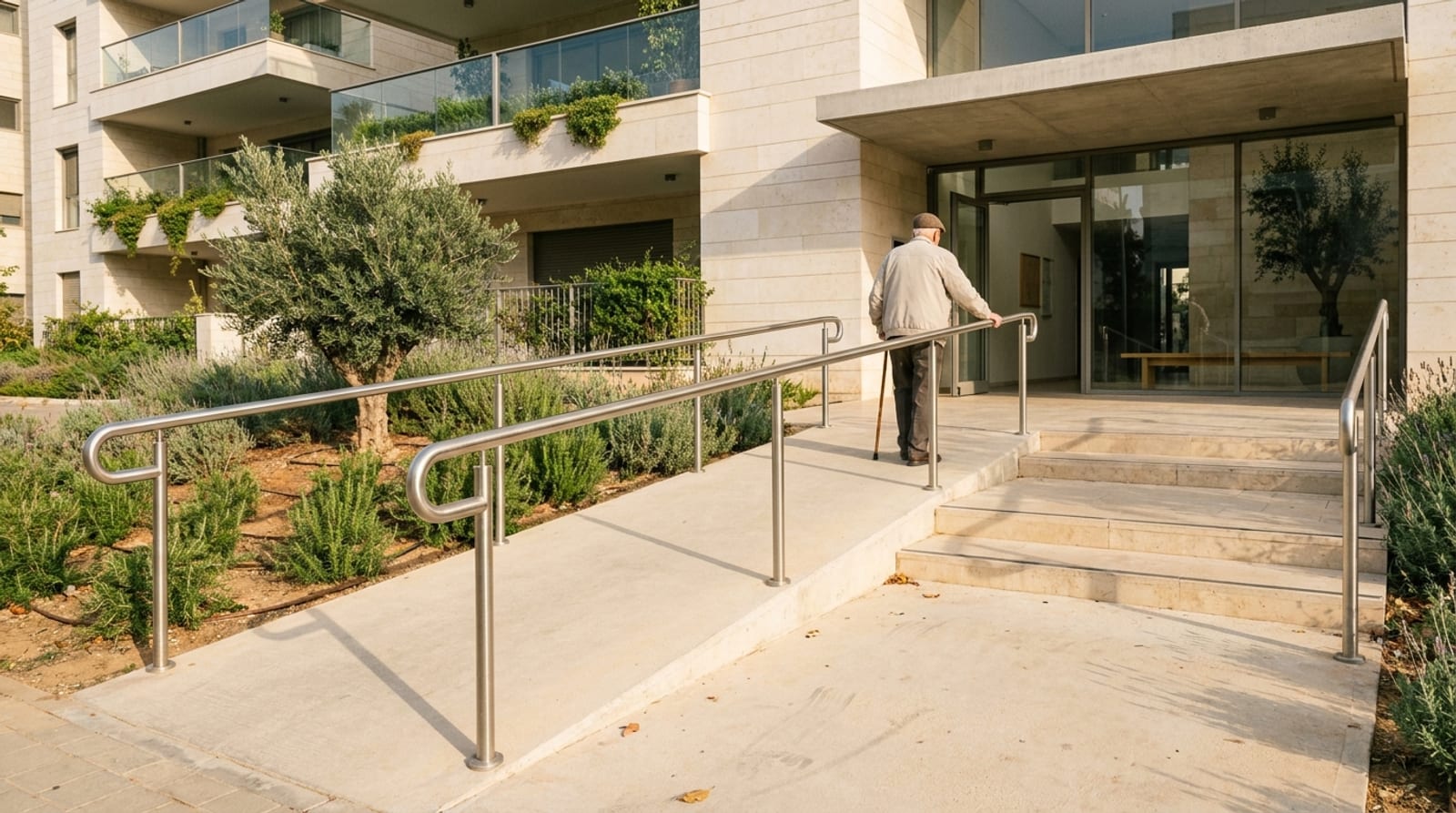 גבר מבוגר עם מקל הליכה עולה ברמפה עם מעקות נירוסטה אל הכניסה של בניין מגורים חדש מחופה אבן, עץ זית ולבנדר לצידה