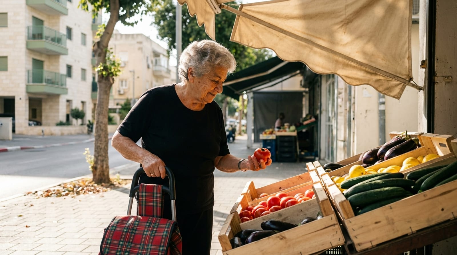 אישה מבוגרת עם עגלת קניות משובצת בוחרת עגבנייה בדוכן ירקות מתחת לסוכך ברחוב שכונתי, בנייני מגורים ברקע