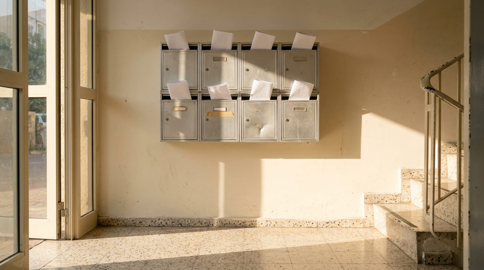 שמונה תיבות דואר מאלומיניום על קיר בכניסה לבניין ותיק, בכל אחת דף לבן מקופל מציץ, באור בוקר ליד גרם מדרגות טראצו