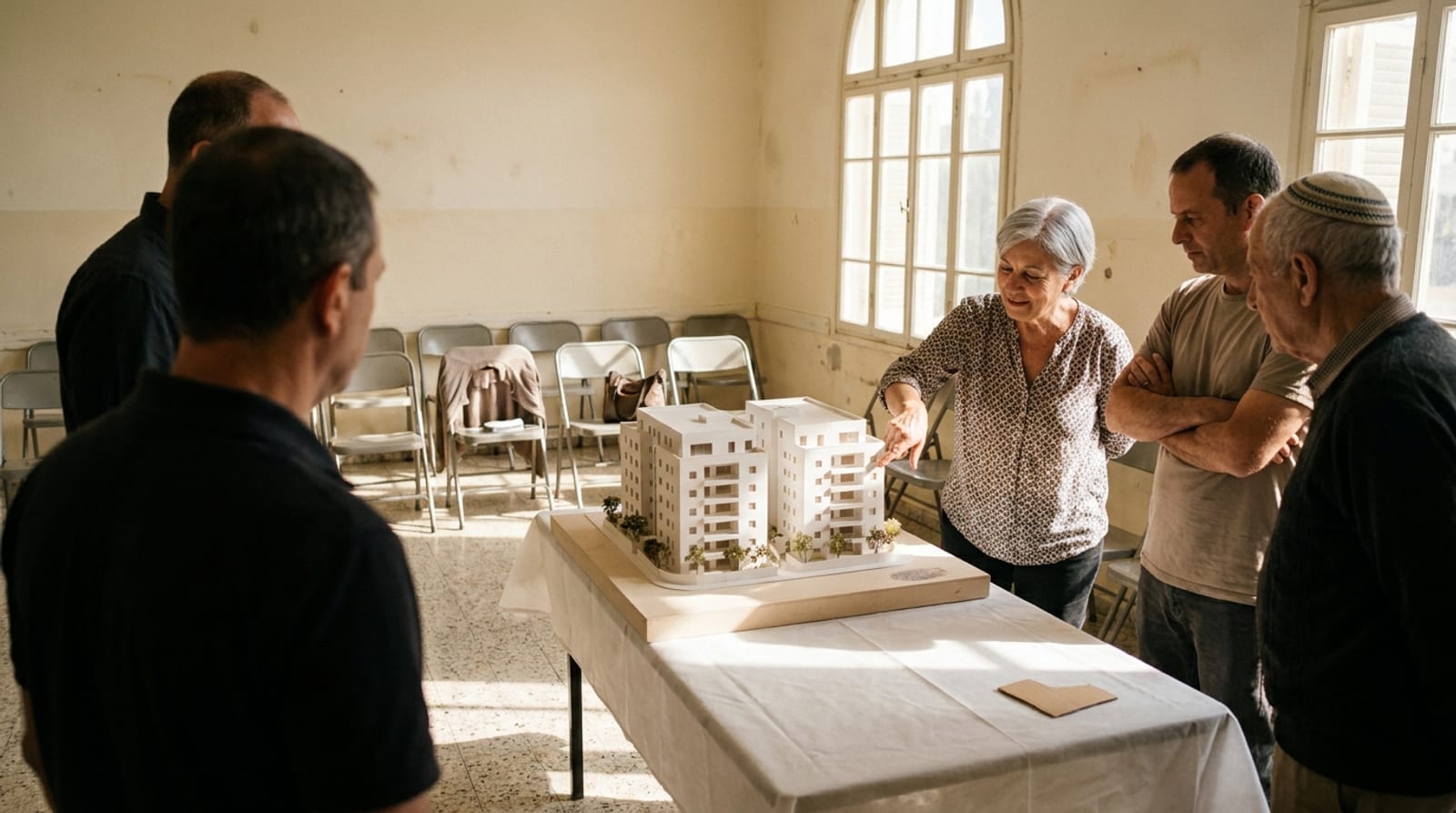 בעלי דירות עומדים סביב דגם אדריכלי של שני בניינים חדשים על שולחן באולם ישן עם כיסאות מתקפלים, אישה מצביעה על הדגם