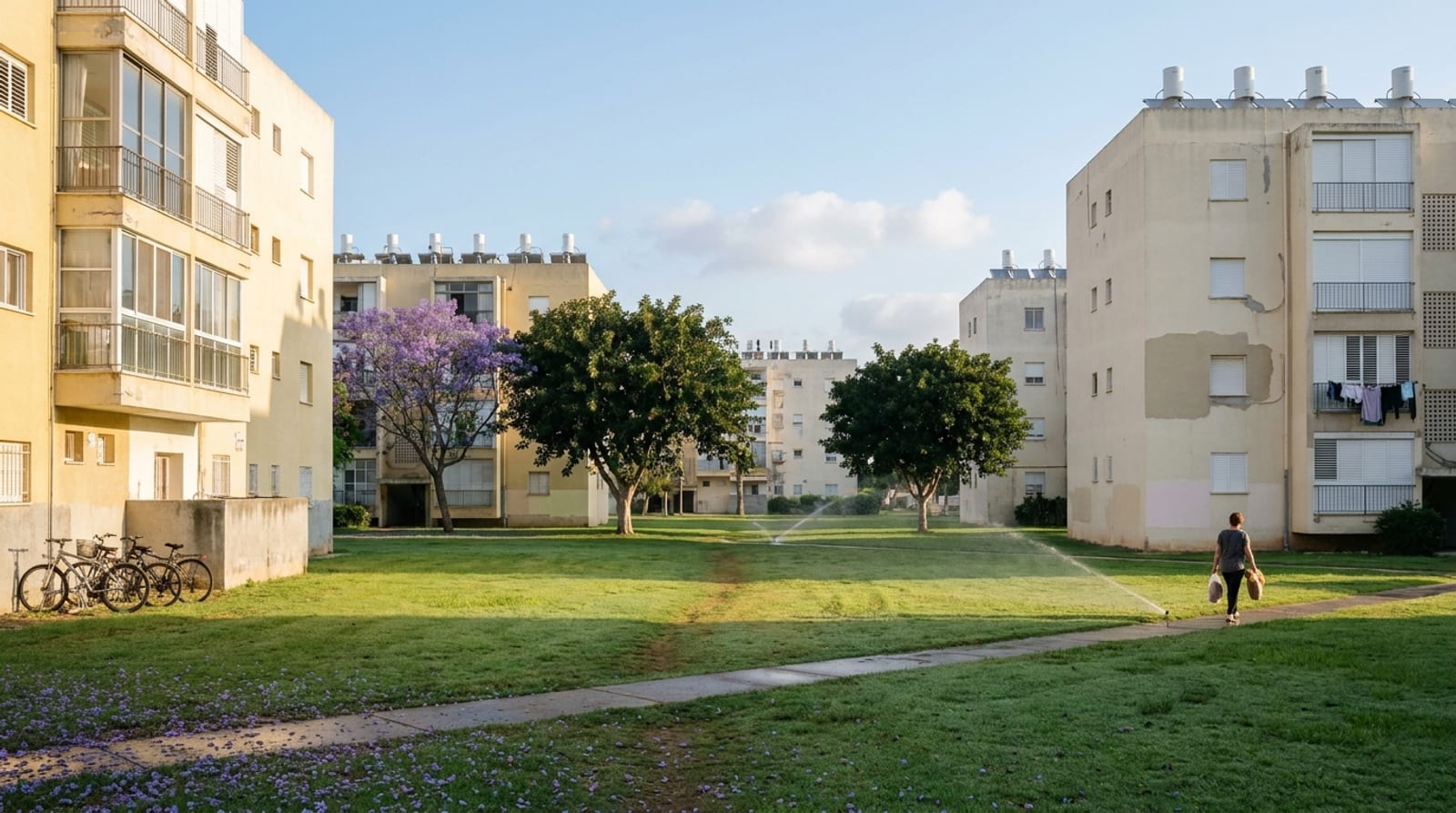 מדשאה משותפת בין בלוקים ותיקים בשיכון בבוקר: ממטרות פועלות, ג'קרנדה פורחת, אופניים ליד הקיר ואישה הולכת בשביל עם שקיות