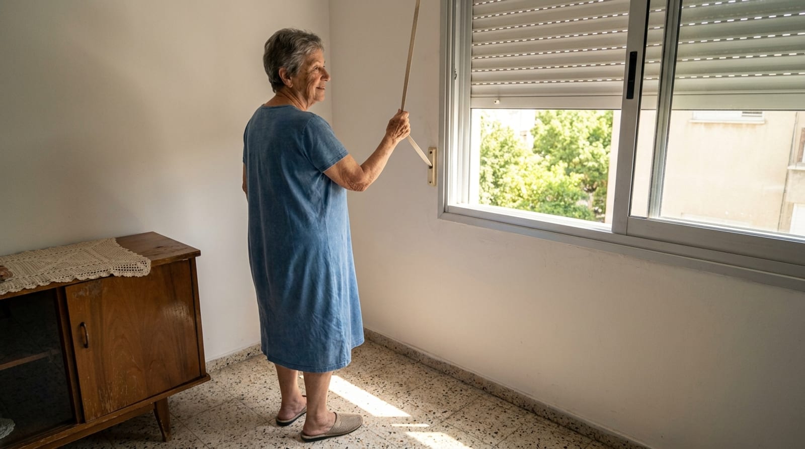 אישה מבוגרת בשמלת כותנה כחולה מושכת את רצועת התריס ליד חלון בדירה ותיקה, מביטה החוצה אל עצים ירוקים, שמש על רצפת הטראצו