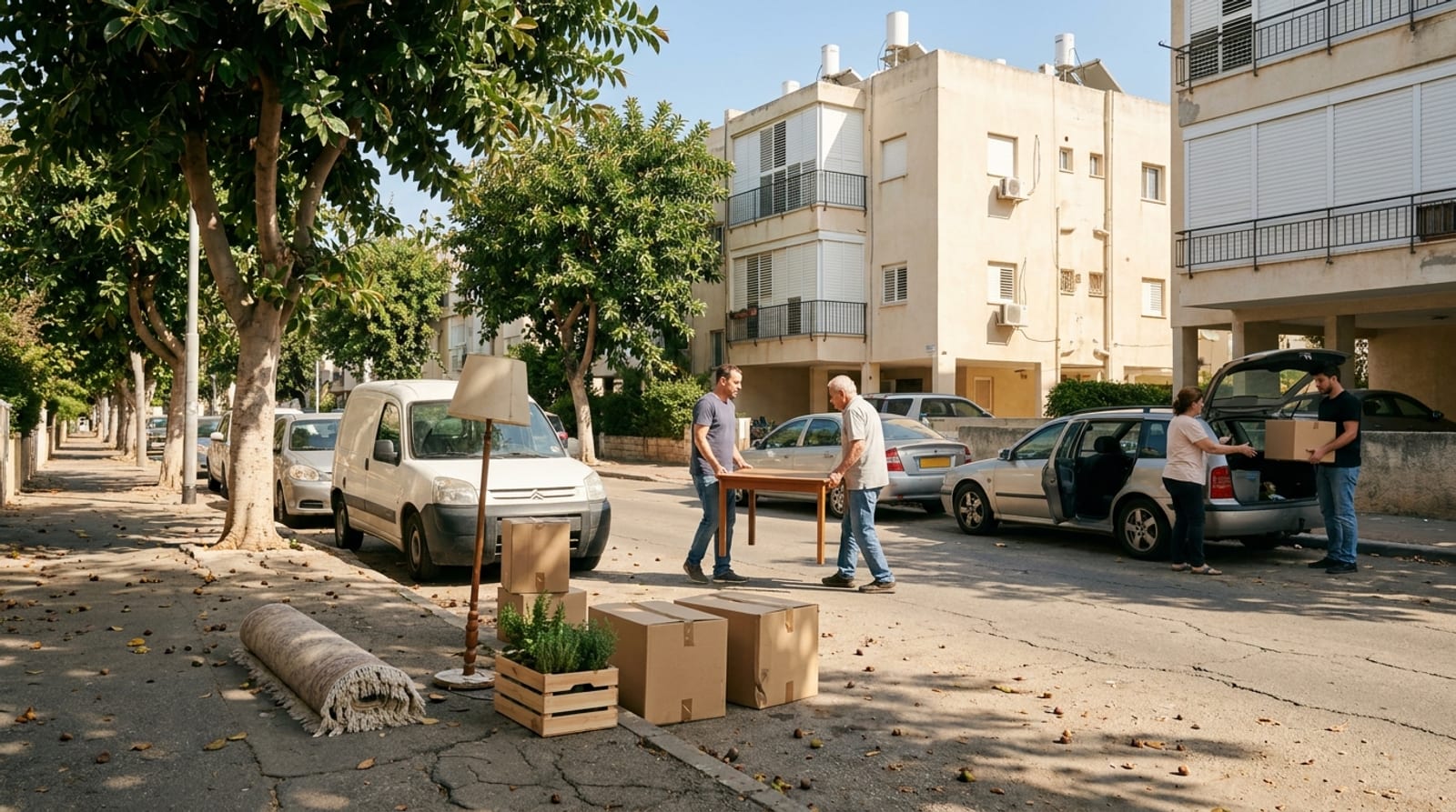 שני גברים נושאים שולחן עץ ברחוב שכונתי, ארגזים ושטיח מגולגל על המדרכה