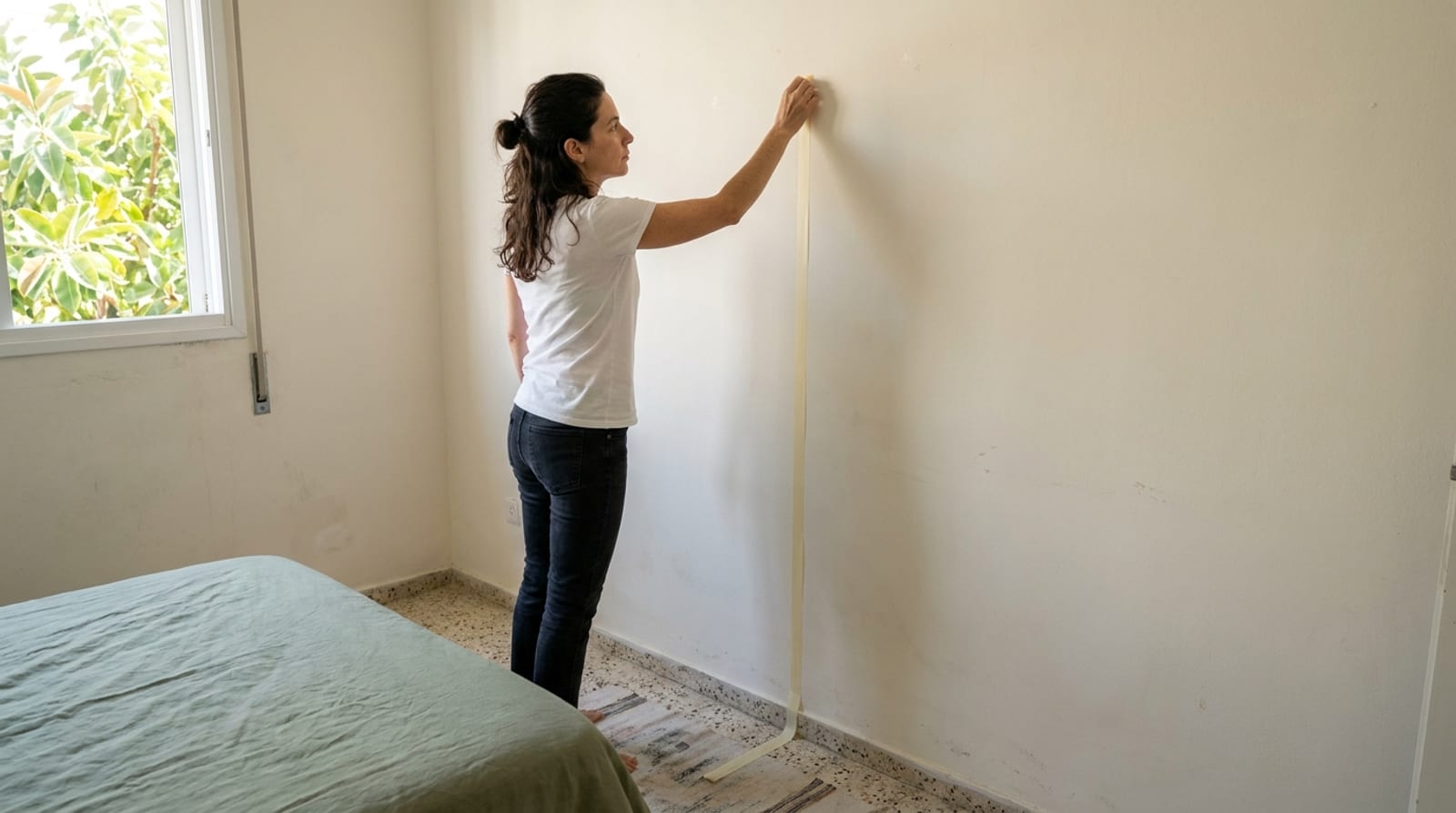אישה בחולצה לבנה מצמידה פס אנכי של נייר דבק לקיר חדר שינה ישן