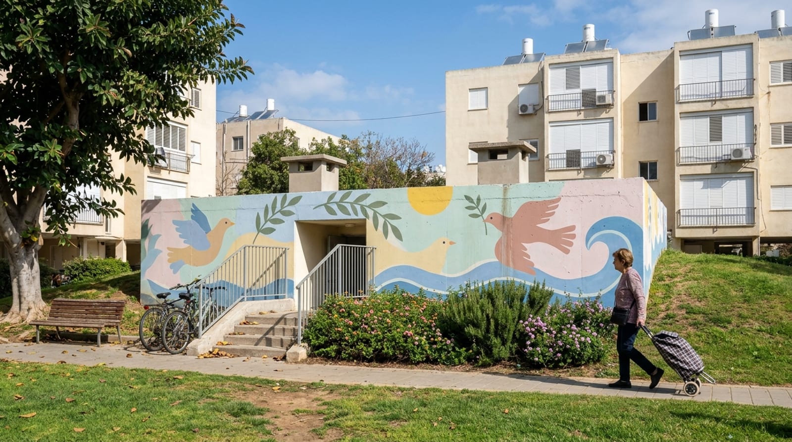 מקלט ציבורי נמוך בגינה שכונתית, מצויר בציור קיר של ציפורים וענפי זית, ואישה עם עגלת קניות עוברת לידו