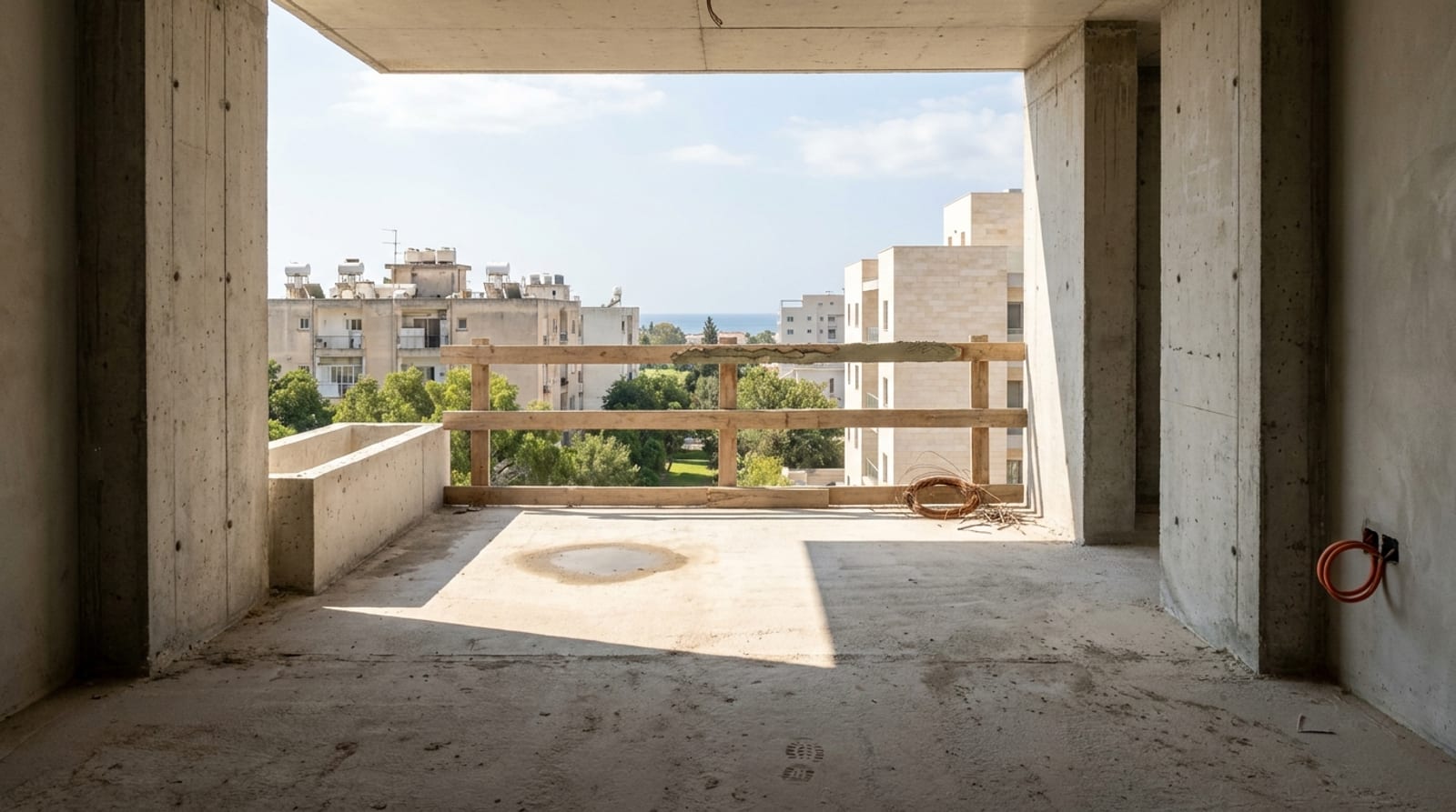 מרפסת בטון עמוקה של דירה בבנייה בקומה גבוהה, מעקה עץ זמני, ומעבר לו גגות השכונה, צמרות ופס ים
