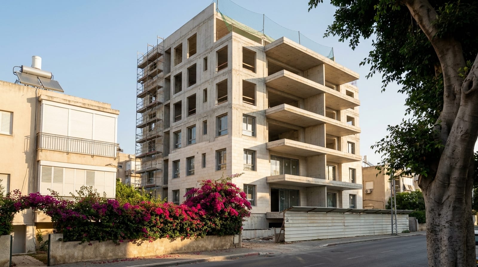 שלד בטון של בניין מגורים חדש עם רשת בטיחות ירוקה בקומה העליונה, מול גינה של בניין ותיק עם בוגנוויליה פורחת
