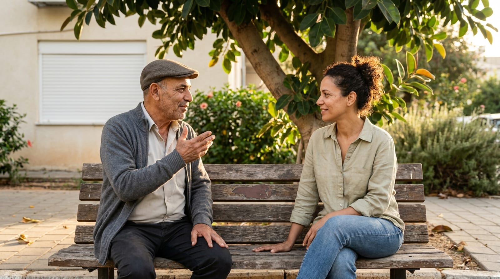 גבר מבוגר בכובע קסקט ואישה צעירה יושבים על ספסל עץ מתחת לפיקוס ומשוחחים, בניין ותיק מאחוריהם