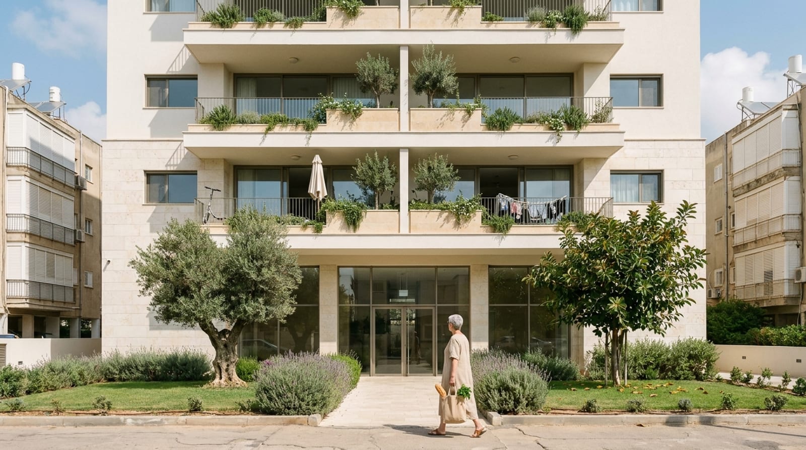 אישה עם סלי קניות חולפת מול בניין מגורים חדש בן שש קומות עם מרפסות מוריקות, ומשני צדדיו בניינים ותיקים עם דודי שמש