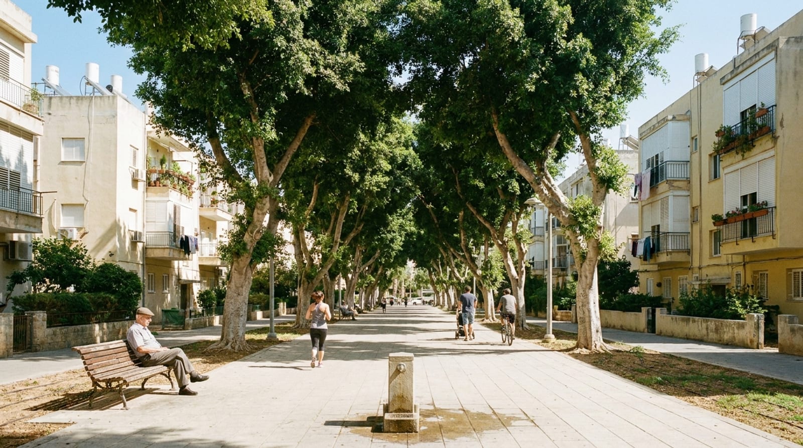 שדרה ותיקה בצהריים: פיקוסים גבוהים נפגשים מעל הטיילת, בנייני מגורים ישנים משני הצדדים, איש מבוגר על ספסל, רצה, אב עם עגלה ורוכב אופניים