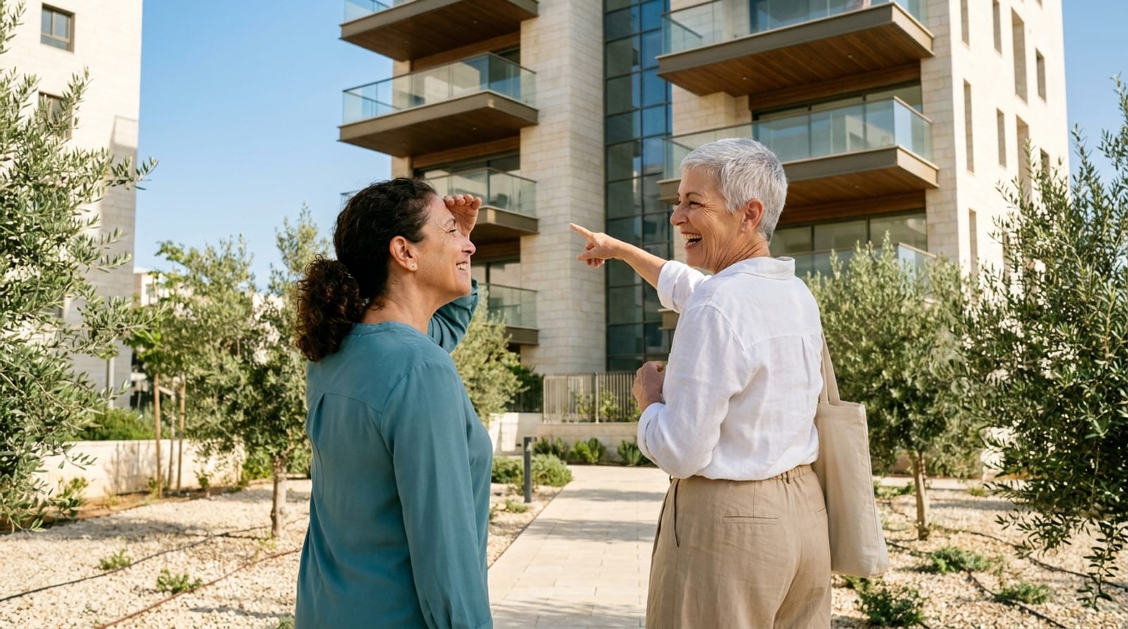 שתי נשים בשנות השישים בשביל הגינה של בניין חדש בין עצי זית צעירים, אחת מצביעה בצחוק למעלה אל המרפסות, חברתה מצלה על עיניה ומחייכת