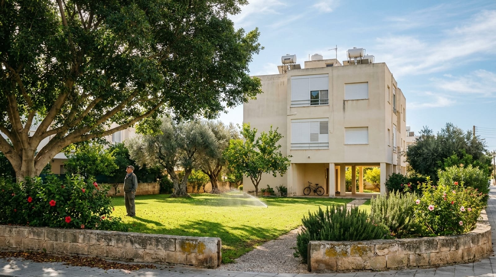 גבר מבוגר עומד על מדשאה של בניין ותיק על עמודים, בין עצי זית ופיקוס, ממטרה פועלת ואופניים נשענים על עמוד