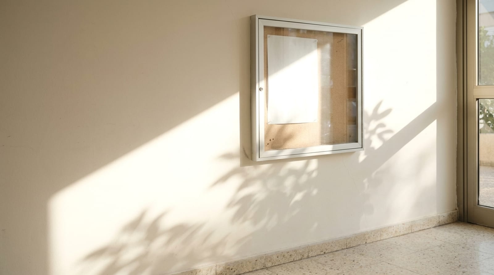 לוח מודעות מזכוכית עם דף לבן אחד נעוץ בו, על קיר לובי של בניין ותיק, בקרן שמש וצללי עלים
