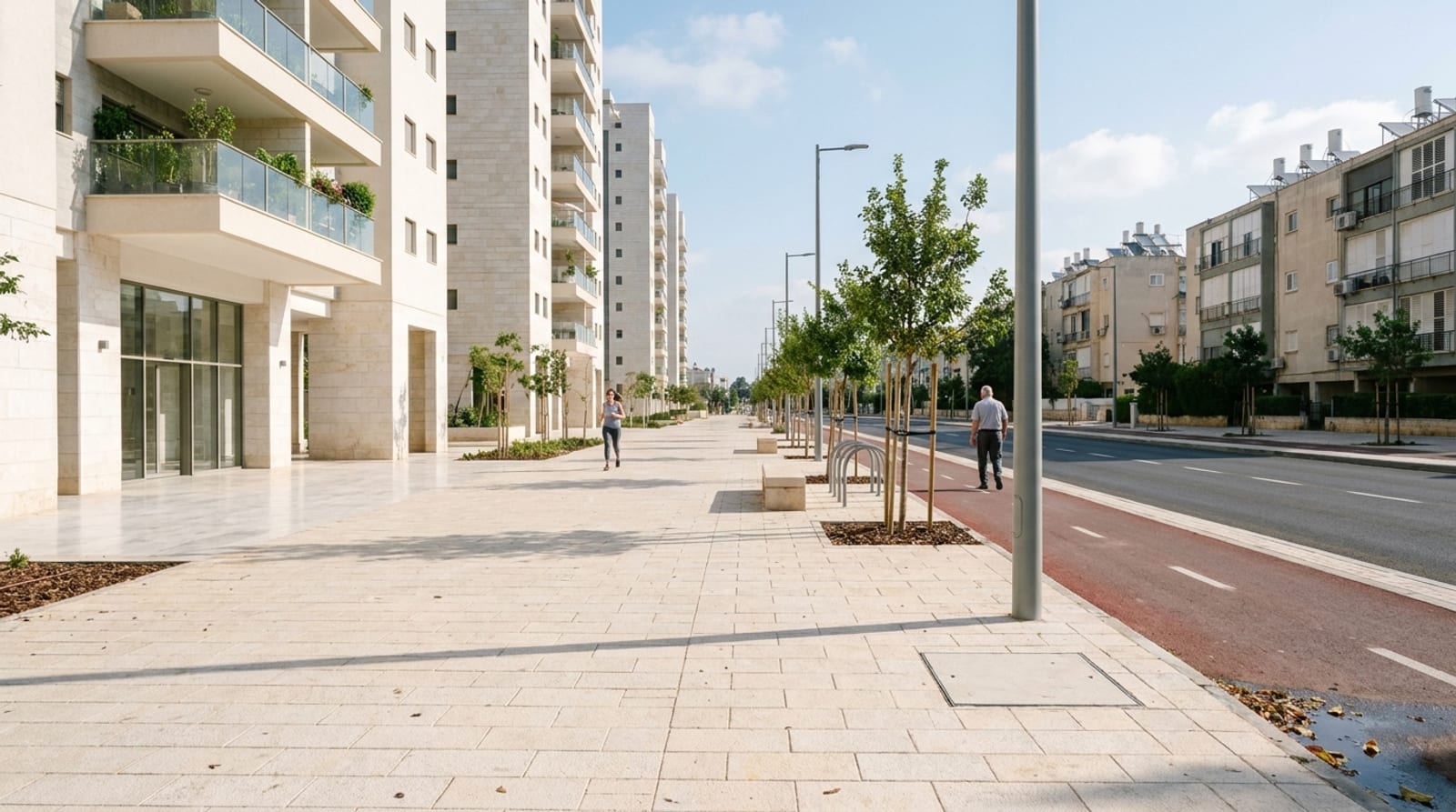 מדרכה רחבה ומרוצפת לאורך בנייני מגורים חדשים, שביל אופניים אדום ועצים צעירים, בנייני שיכון מעבר לכביש