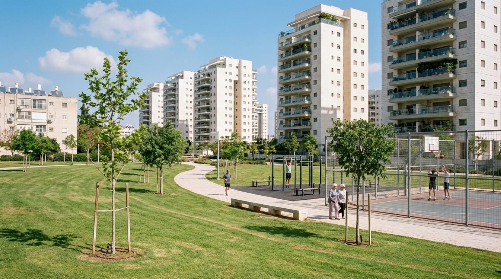 פארק שכונתי חדש בבוקר: מדשאה, עצים צעירים עם סמוכות, רץ, מגרש כדורסל ומגדלי מגורים לבנים