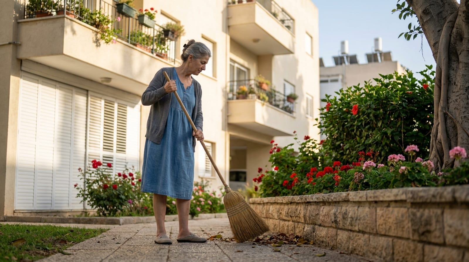 אישה מבוגרת מטאטאת עלים במטאטא קש בשביל הגינה שלפני בניין מגורים ותיק, ורדים וגרניום לצדה, באור אחר הצהריים
