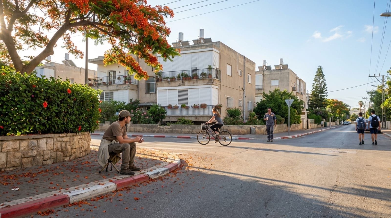 פינת רחוב בשכונה ותיקה בבוקר: צאלון פורח מעל גדר אבן, רוכבת אופניים, תלמידים בדרך, ובחור על שרפרף מתקפל סופר מכוניות