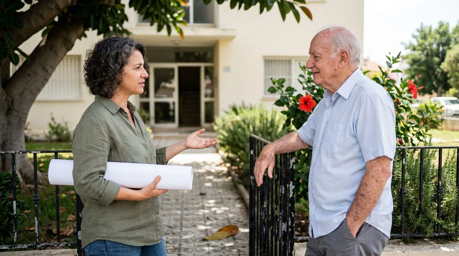 שכנה עם תכנית מגולגלת מתחת לזרוע מדברת עם שכן מבוגר ליד שער הגינה של בניין ותיק