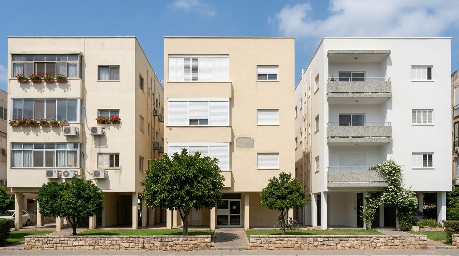 שלושה בנייני מגורים ותיקים באותו תכנון, זה לצד זה בשמש הצהריים, וכל אחד השתנה אחרת עם השנים