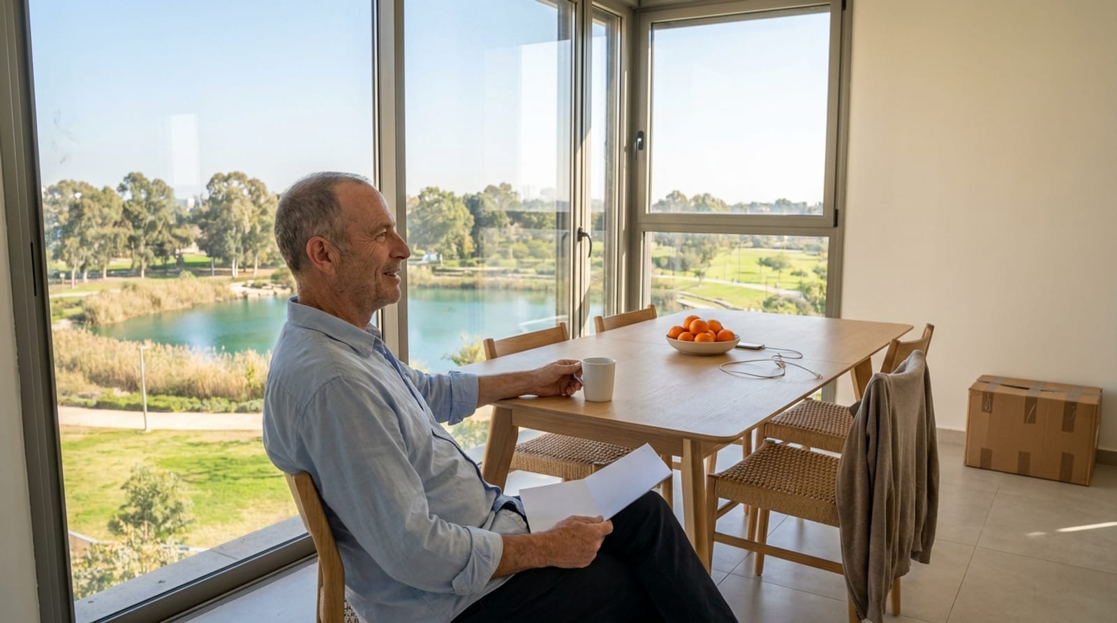 גבר יושב ליד שולחן האוכל בדירה חדשה, קפה בידו, ומאחוריו חלון אל פארק ואגם