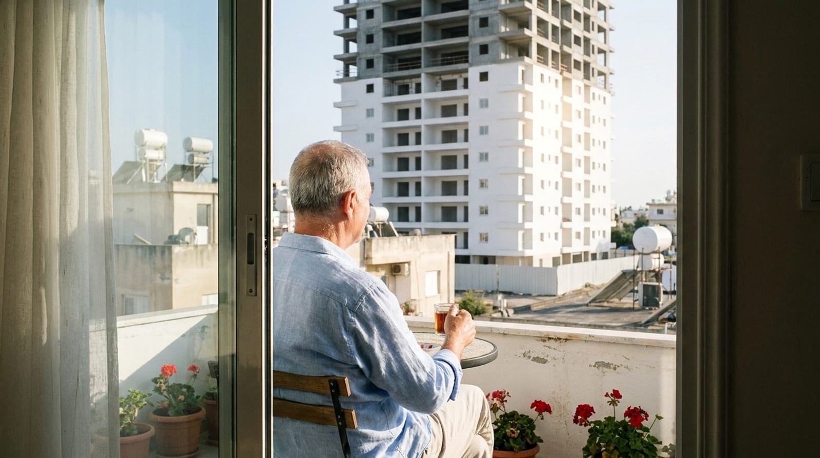 A man seated at a table on an apartment balcony, looking at a residential tower under construction in the distance, its lower floors already white and glazed