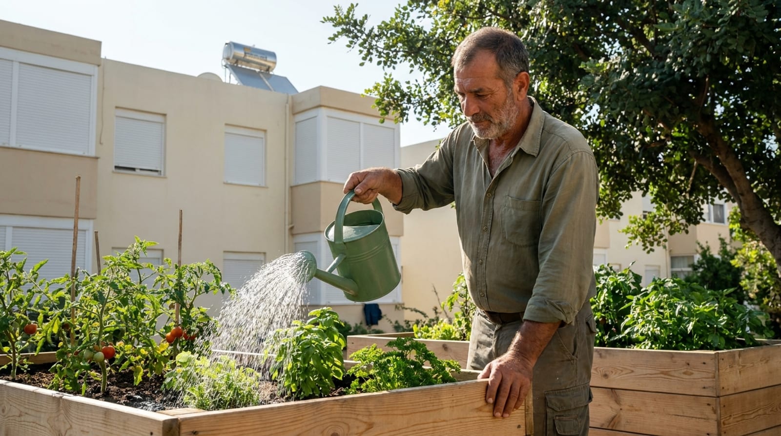 A man watering a raised bed of tomatoes in a community garden in a residential neighborhood, in morning light
