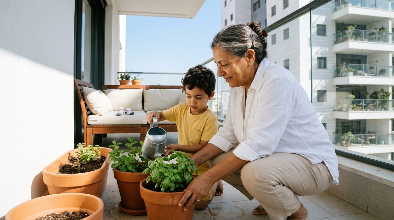 A grandmother and her grandson watering pots of basil and mint on the deep, bright balcony of a new apartment