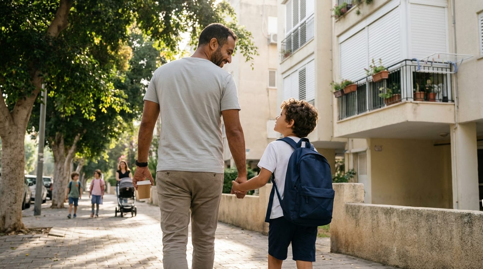 A father walking his son, backpack on, along a shaded sidewalk past a well-kept apartment building in the morning