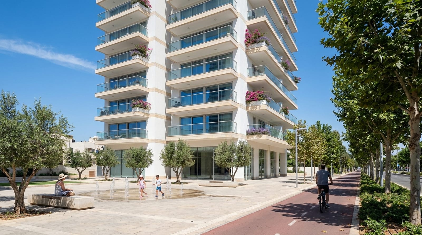 A white twenty-six-story residential tower with deep balconies across a boulevard, with children playing at a fountain at its base