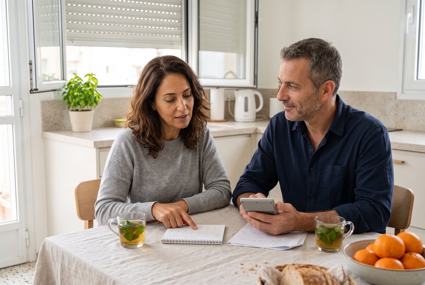 Une femme et un homme d’une quarantaine d’années à une table de cuisine, avec un calendrier, une calculatrice et des verres de thé à la menthe ; elle pointe le calendrier, il la regarde en souriant