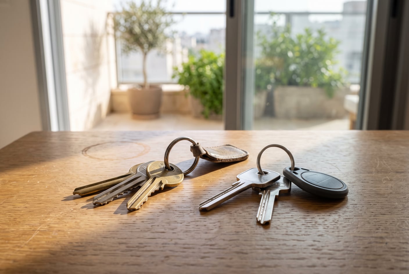 Deux trousseaux de clés sur une table en chêne, l’un ancien avec des clés en laiton usées et un porte-clés en cuir, l’autre neuf avec un porte-clés en plastique ; derrière, une porte ouverte sur un balcon ensoleillé et un olivier