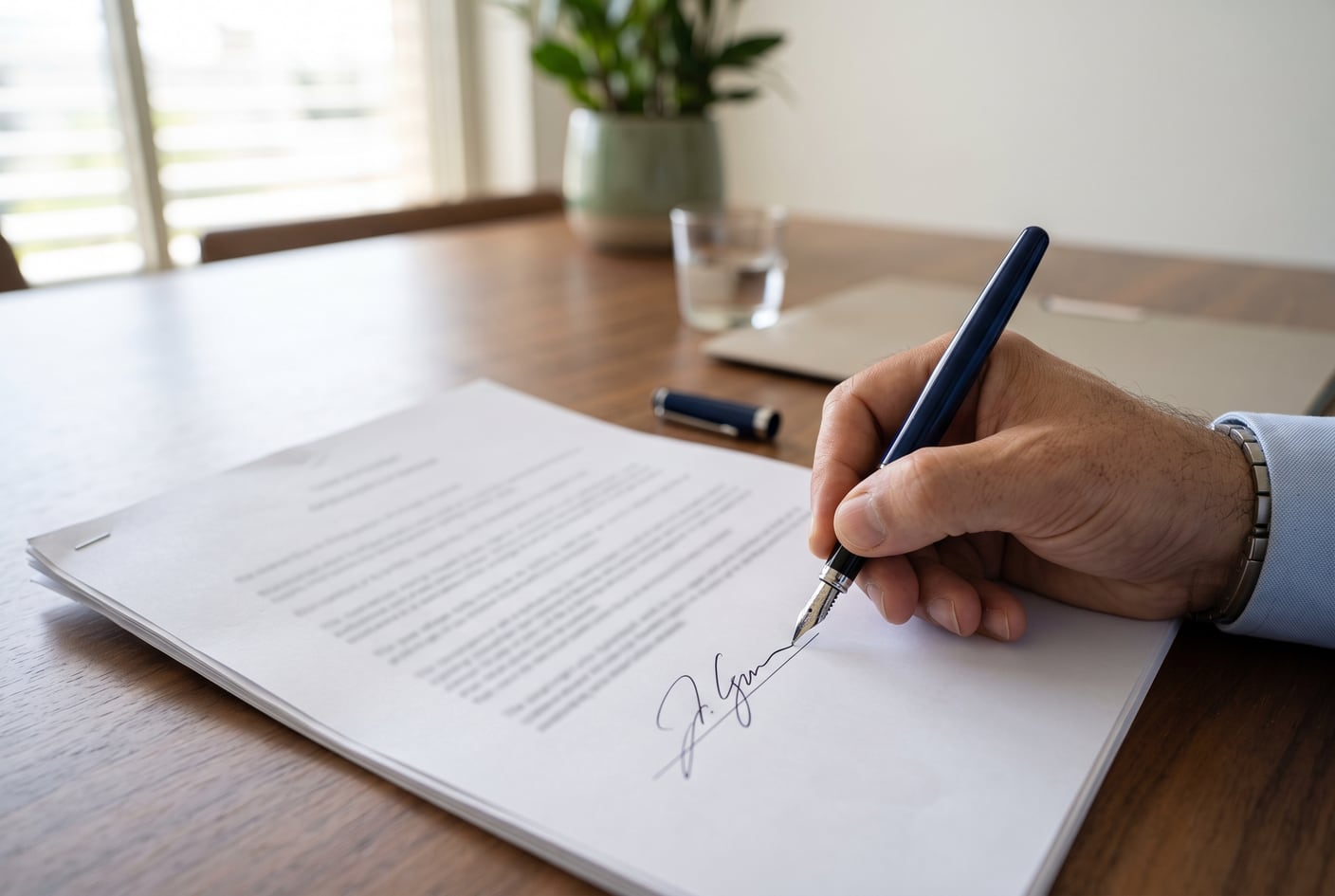 Une main tenant un stylo-plume signe la ligne de signature de la dernière page d’un contrat, sur un bureau en bois près d’une fenêtre à store