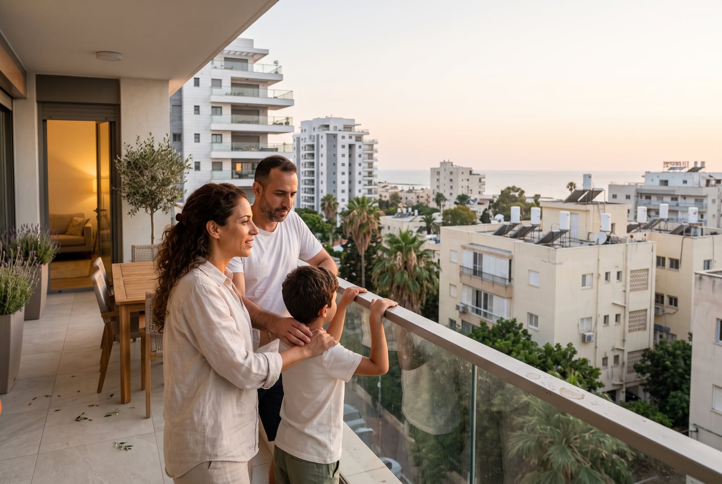 Un couple et un enfant, de dos, sur le large balcon d’un immeuble neuf au soir, face à des immeubles neufs et anciens aux chauffe-eau solaires, des palmiers et une bande de mer à l’horizon