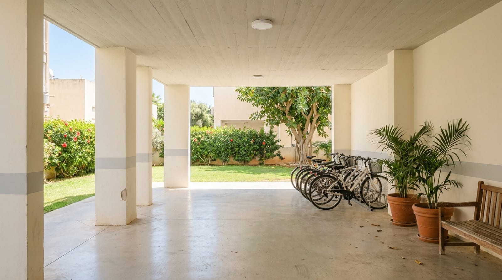 קומת עמודים מטופחת של בניין ותיק: רצפת בטון נקייה, אופניים חונים, עציצי דקל, ספסל עץ וגינה ירוקה מעבר לעמודים