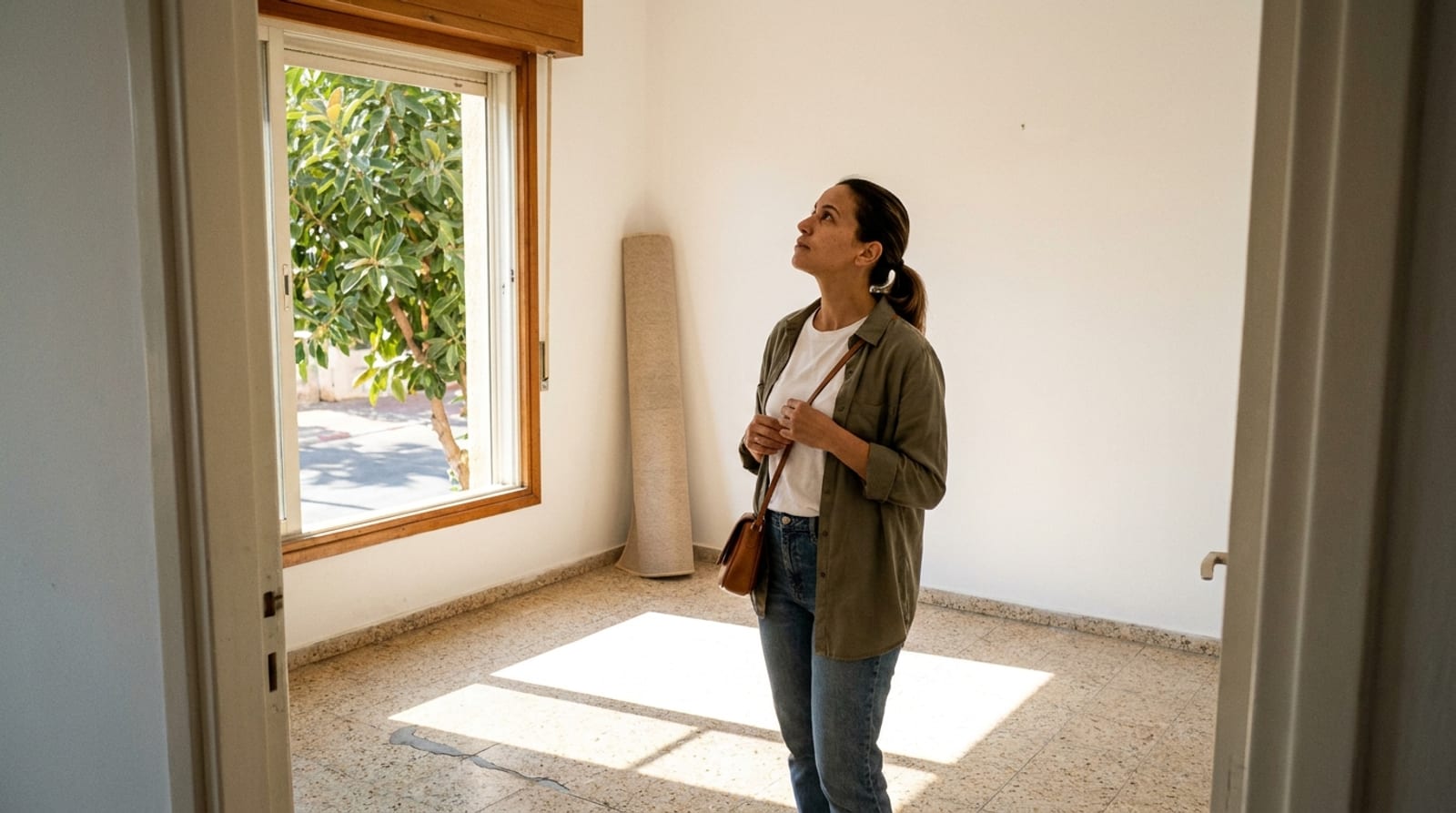 A woman standing in a bright, empty room of an old apartment with terrazzo floors, looking at the window frame and the ceiling