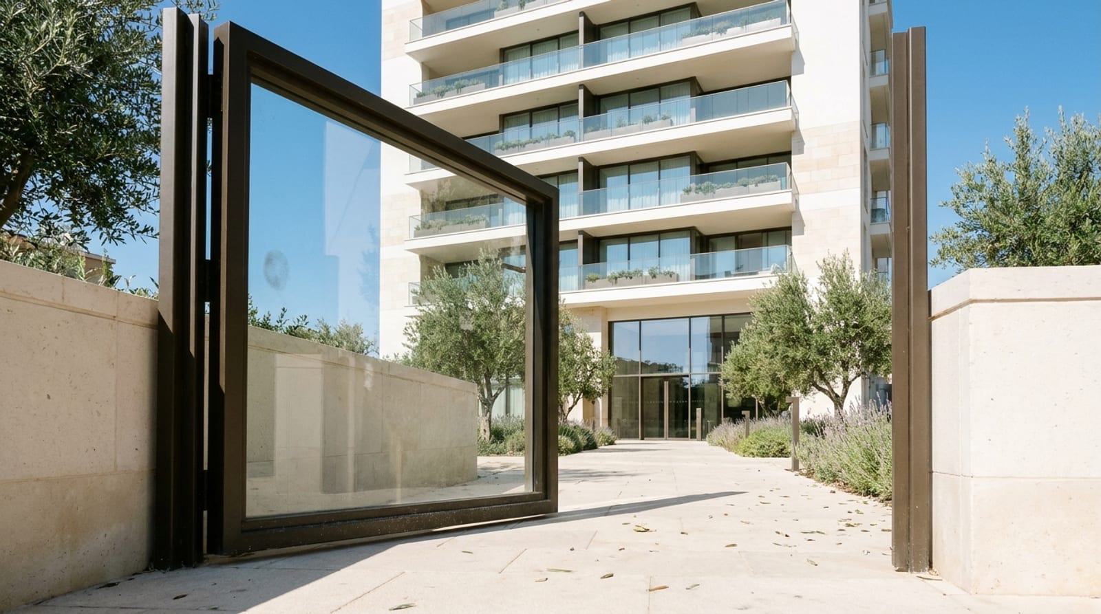A half-open glass gate into a garden with olive trees, and behind it a white residential tower with deep balconies
