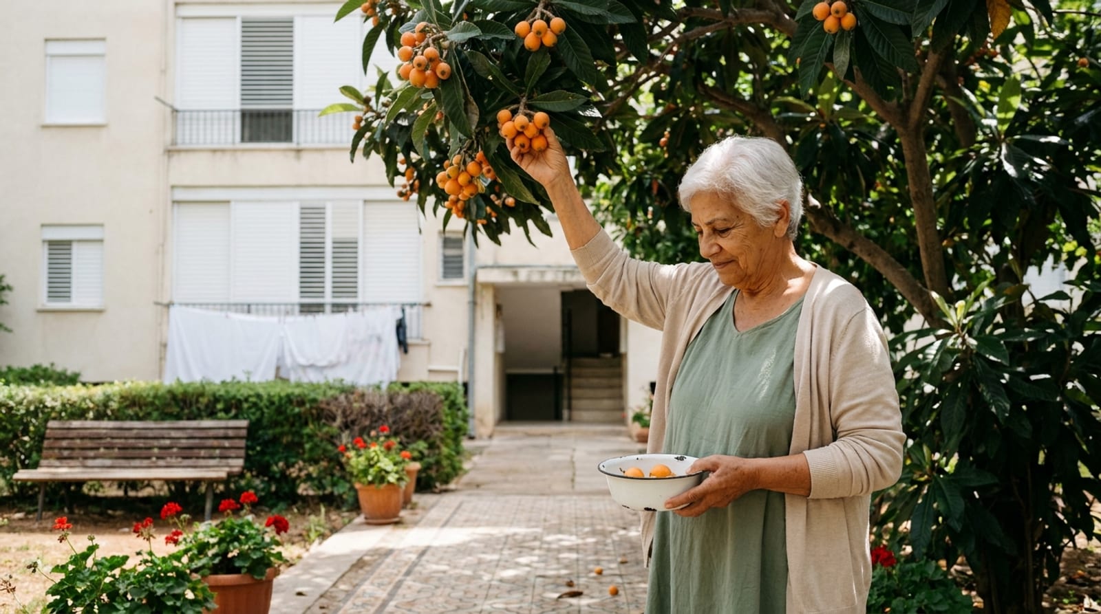 An older woman picking loquats from a fruit-laden tree in the rear yard of a well-kept old building