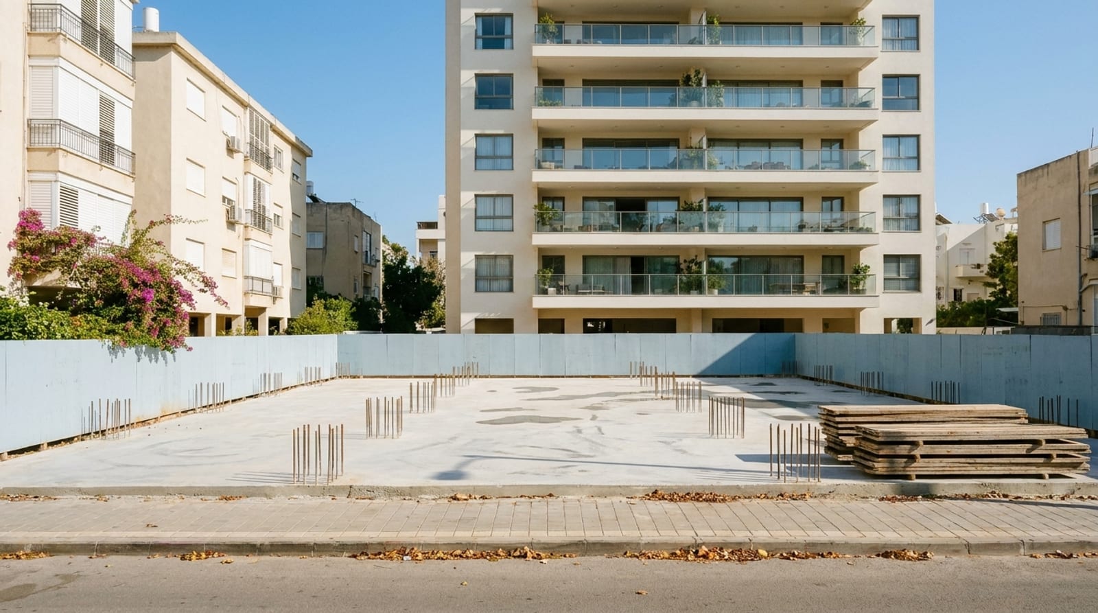 A building plot where only the concrete slab is poured, with rebar standing up from it and a finished white residential tower behind