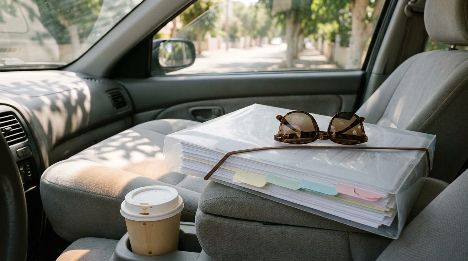 A clear folder of documents separated by colored tabs, lying on a car seat in morning light