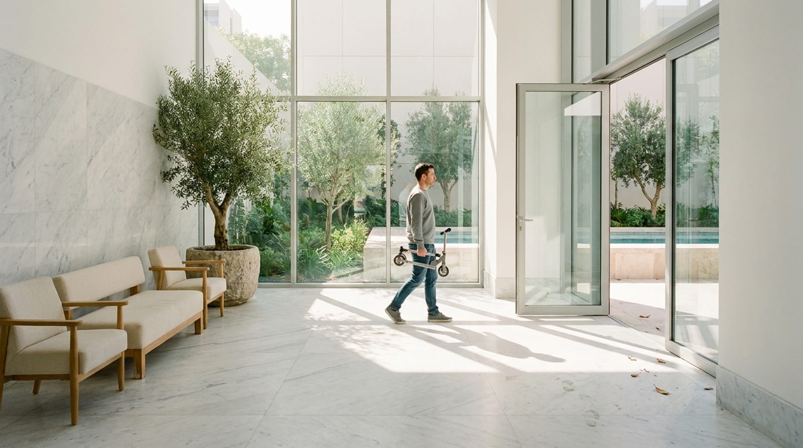 A tall white lobby with pale marble floors and an oak bench, and a person crossing it toward a glass door open to a garden
