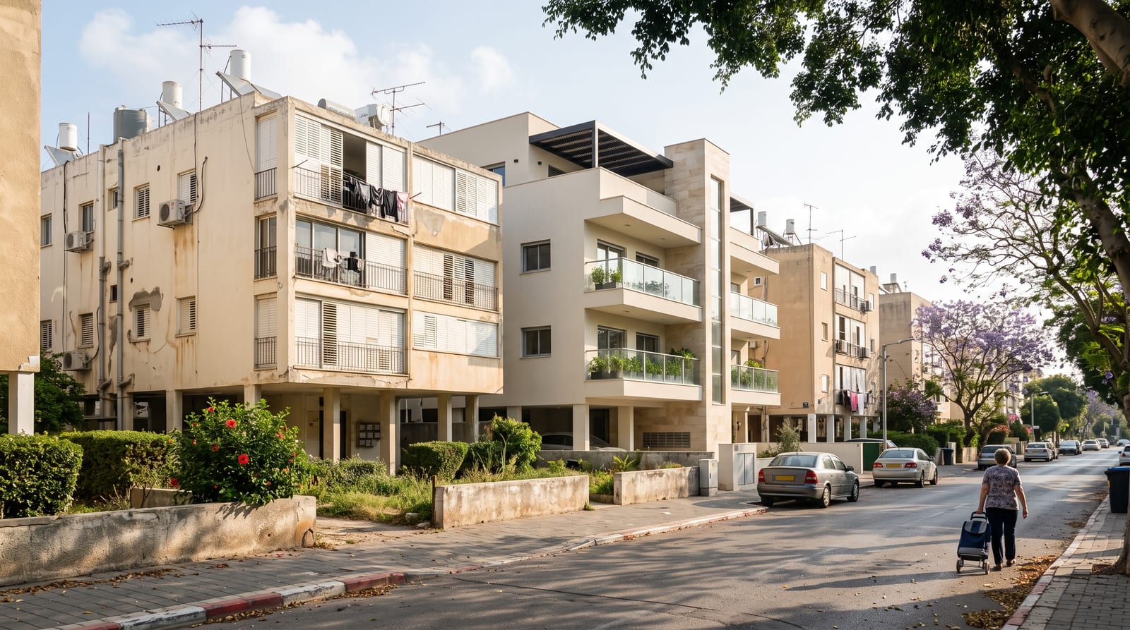 רחוב מגורים ותיק בבוקר עם בלוקים משנות ה-60 וה-70, ואחד מהם כבר מחוזק עם מרפסות חדשות