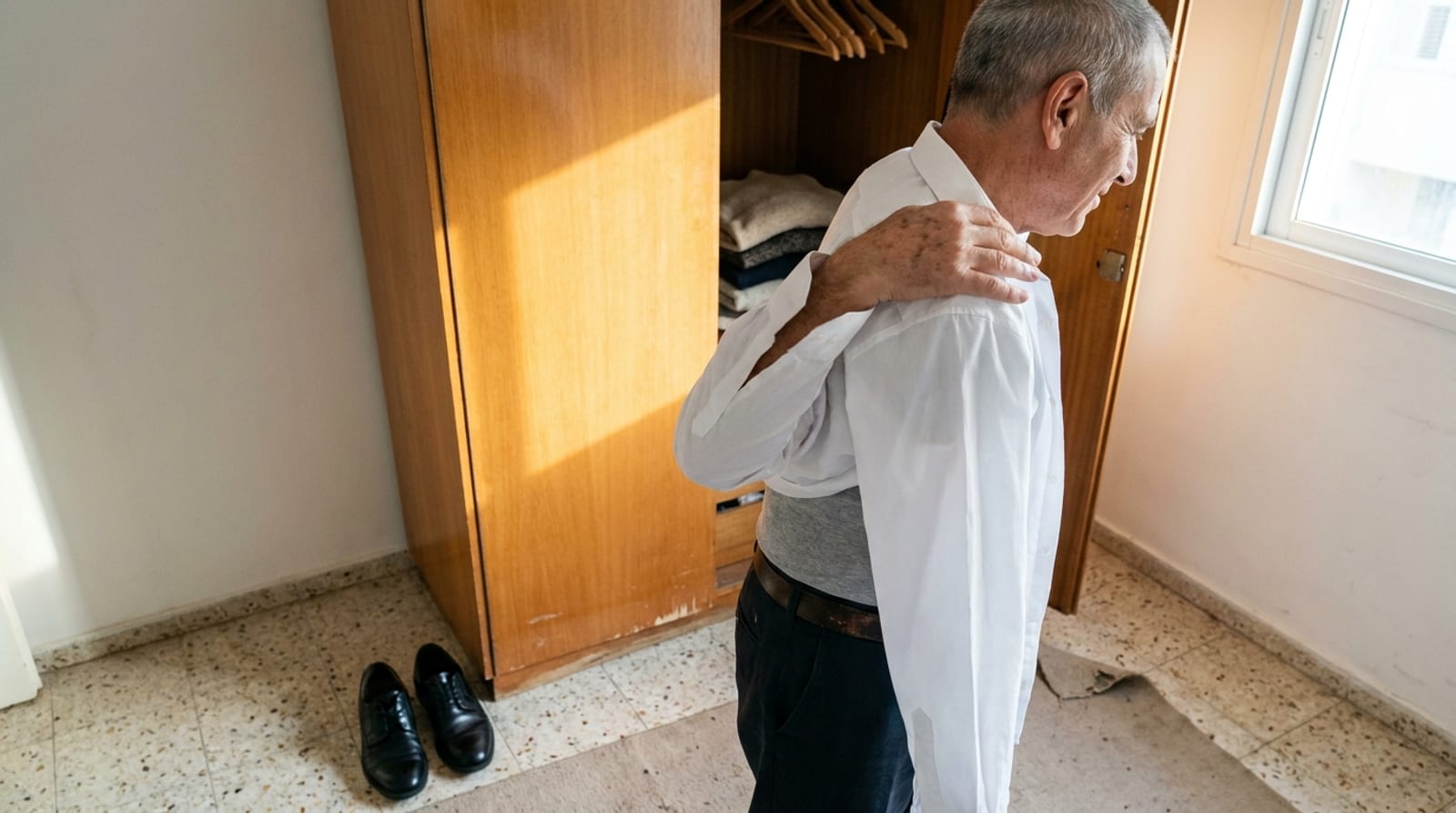 גבר מבוגר לובש חולצה לבנה מגוהצת ליד ארון עץ פתוח בחדר שינה ותיק, זוג נעליים שחורות מצוחצחות על הרצפה
