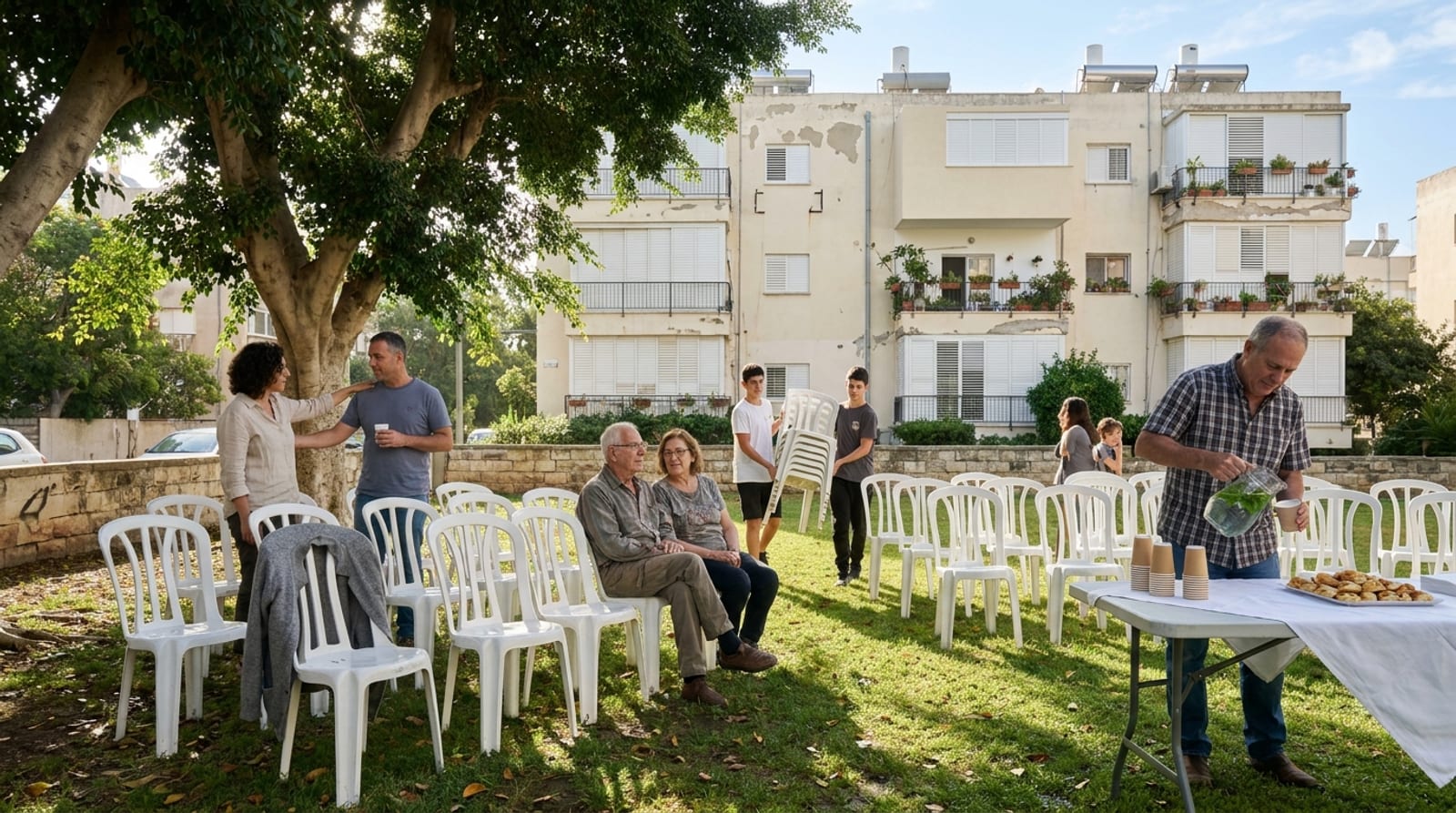 שכנים מתיישבים בשורות כיסאות פלסטיק לבנים על הדשא מול בניין ותיק, בבוקר, וגבר מוזג מים מכד עם נענע
