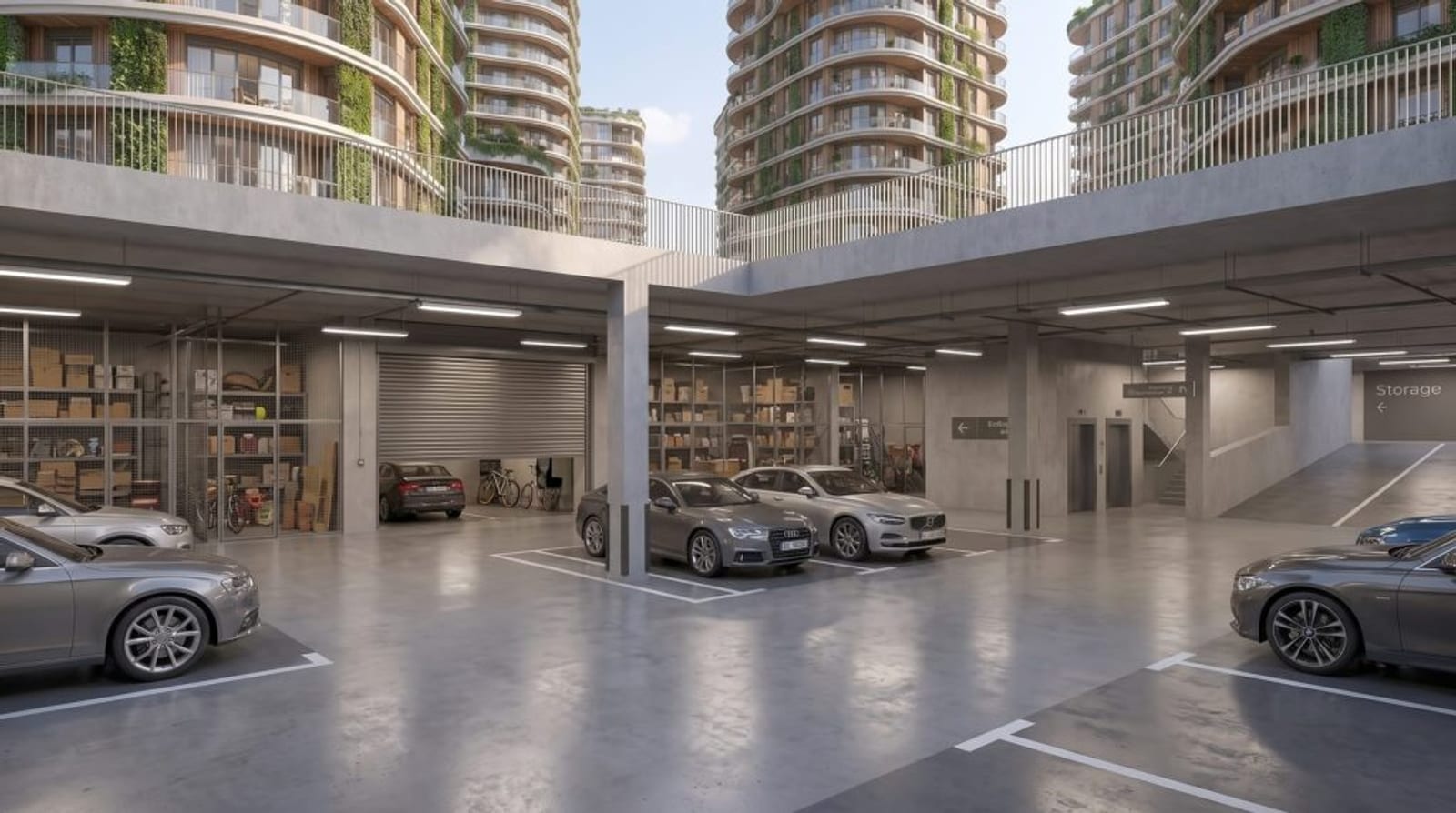 הדמיה של מעבר בחניון של בניין חדש: רכבים חונים ליד מחסנים מגודרים ברשת עם ארגזים ואופניים