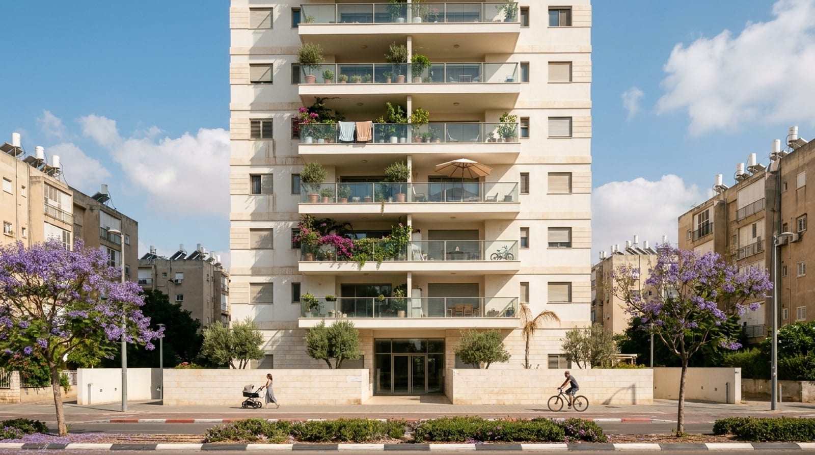 מגדל מגורים חדש ומאוכלס עם מרפסות מלאות צמחים וכביסה, בין בניינים ותיקים ועצי סיגלון פורחים, עגלת תינוק ורוכב אופניים ברחוב