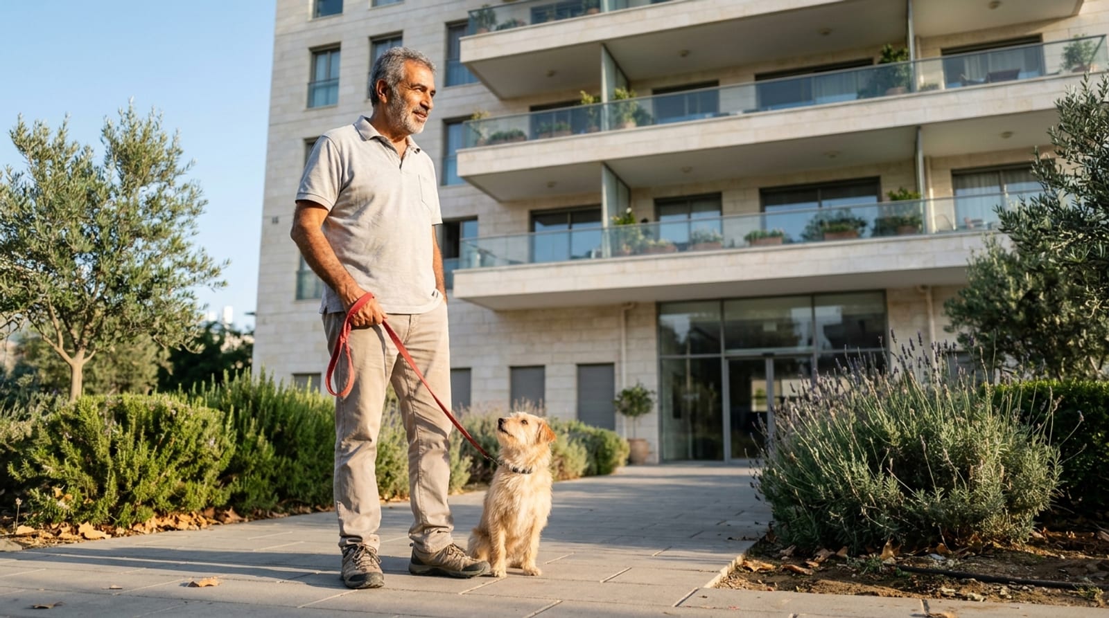 גבר בשנות השישים עם כלב ברצועה אדומה עומד בשביל הכניסה של בניין מגורים חדש מחופה אבן, בין שיחי לבנדר ועצי זית