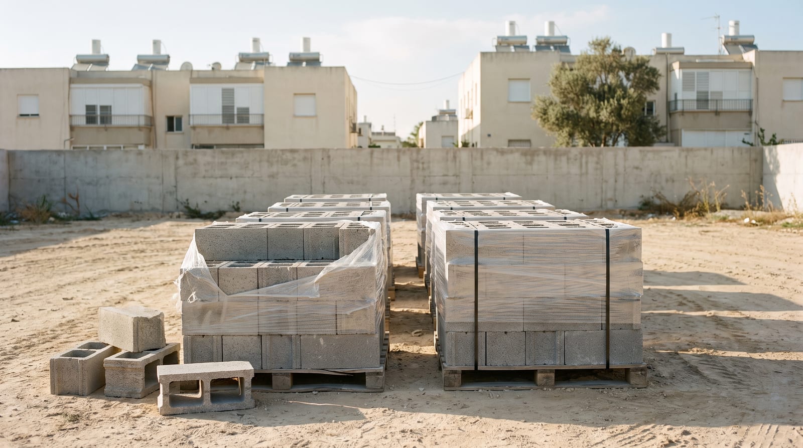 משטחי בלוקים עטופים בניילון על מגרש חול ריק לפני תחילת הבנייה, ומאחוריהם חומת בטון ובנייני מגורים עם דודי שמש על הגגות