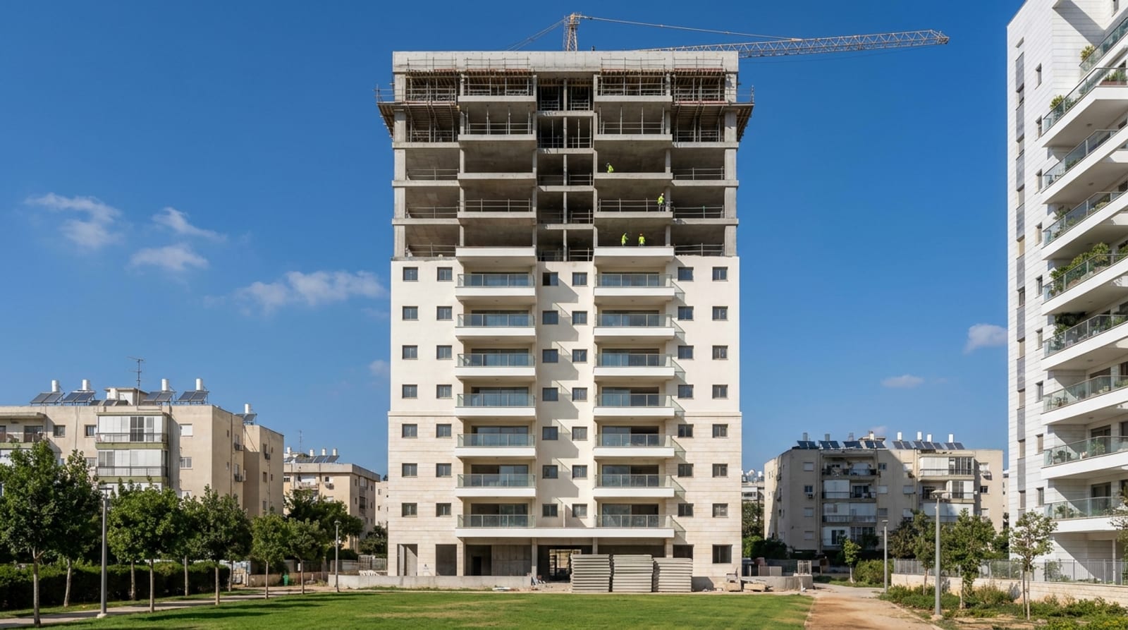 מגדל מגורים בהקמה, הקומות התחתונות גמורות והעליונות עדיין שלד, מנוף מעל ושיכונים ותיקים מסביב